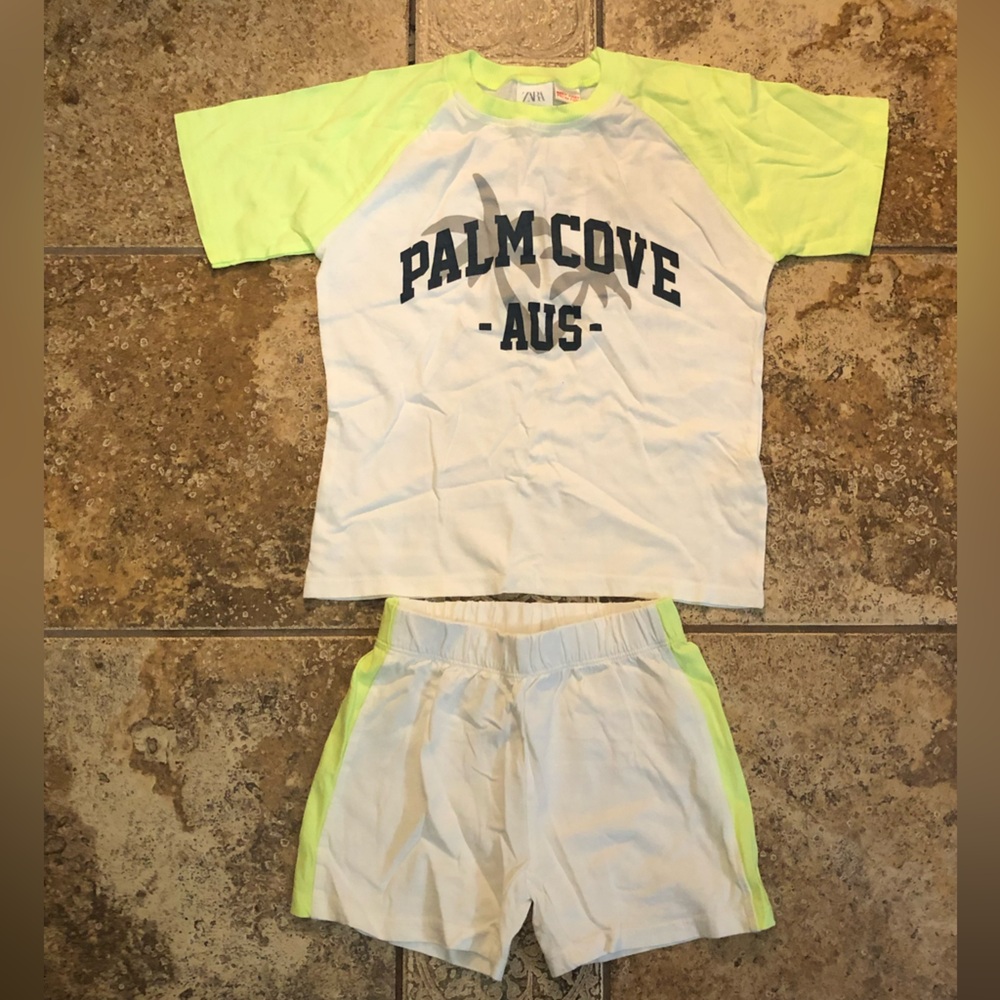 NWT Zara Children’s Palm Cove White and Neon Green T-Shirt and Shorts Set